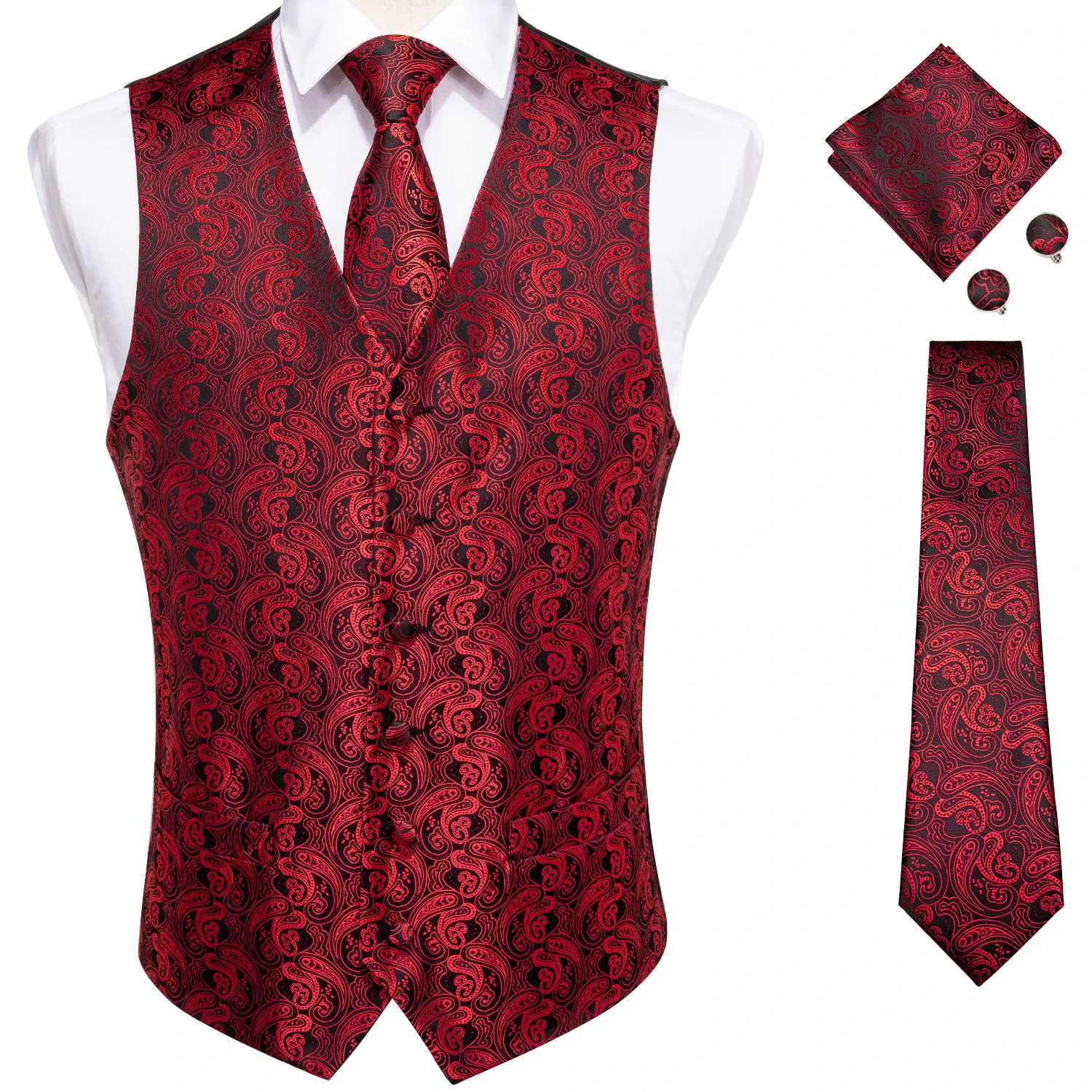 DiBanGu-Colete Jacquard Paisley clássico masculino, anel de gravata quadrada de bolso vermelho e terno de abotoaduras, festa de casamento