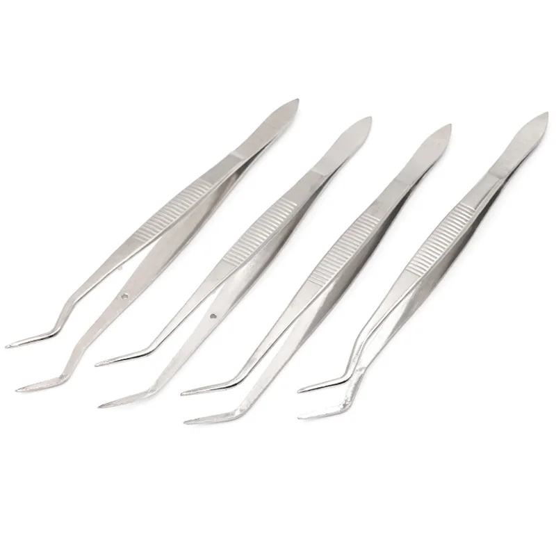 

4pcs/Set Stainless Steel Dental Tweezers Surgical Serrated Curved Forceps Dentist Lab Surgical Tools Mouth Hygiene Supplies