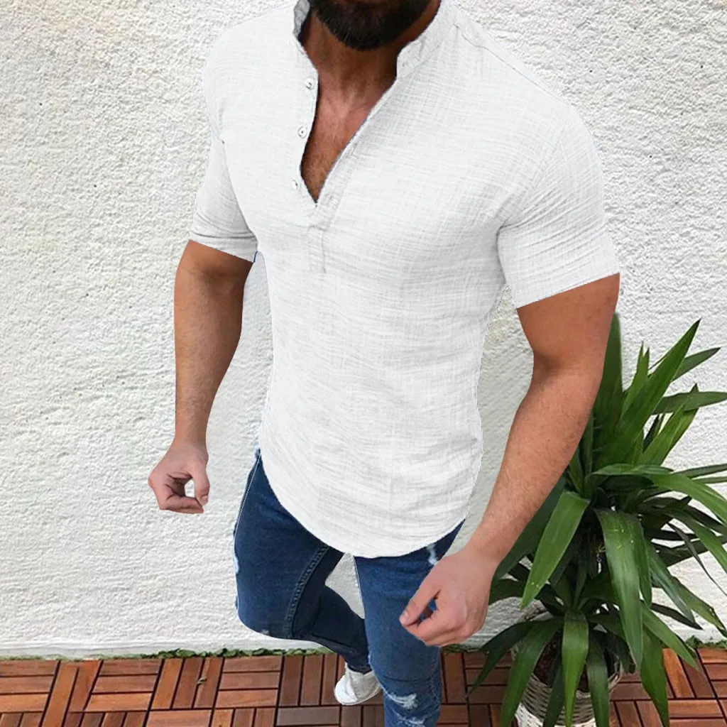 Men Linen Shirts Summer Short Sleeve Breathable Men\'S Baggy Casual Shirts Slim Fit Solid Cotton Shirts Mens Pullover Tops Blouse