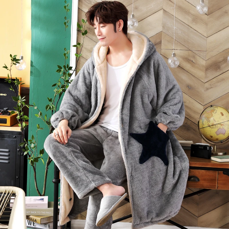 Hooded Men\'s Bathrobe Male Flannel Robe Sets Thick Dressing Gown Winter Long Robe Mens Homewear And Pant Plus Size 3XL пижама