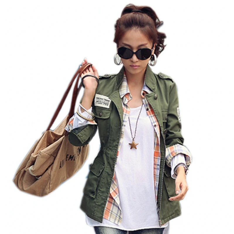 Add 4 colors! military jacket women (no plaid blouse) spring autumn army green embroidery adjust waist coat chaqueta mujer C5302