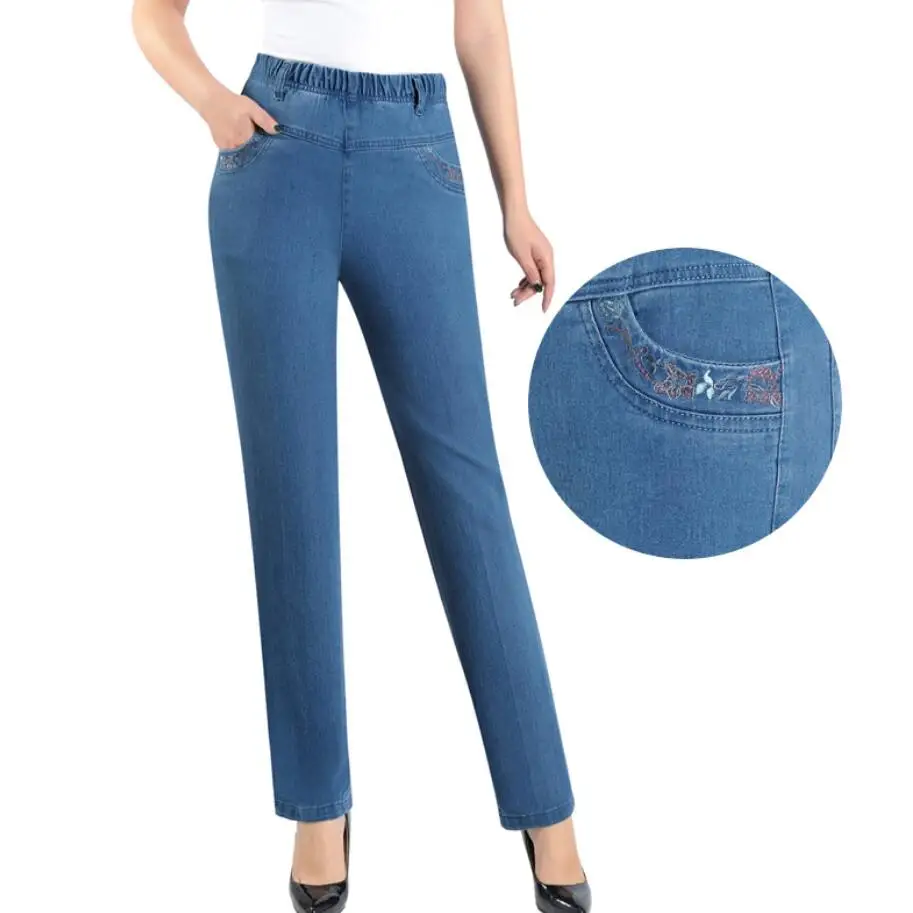 

Middle-aged women jeans spring autumn high waist Slim straight denim pants female embroidery pocket jeans r346