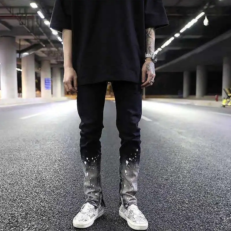 Idopy Fashion Slim Fit Pants Painted Hip Hop Black Stretchy HighStreet Night Club Gothic Ankle Zipper Jeans Trouser For Men