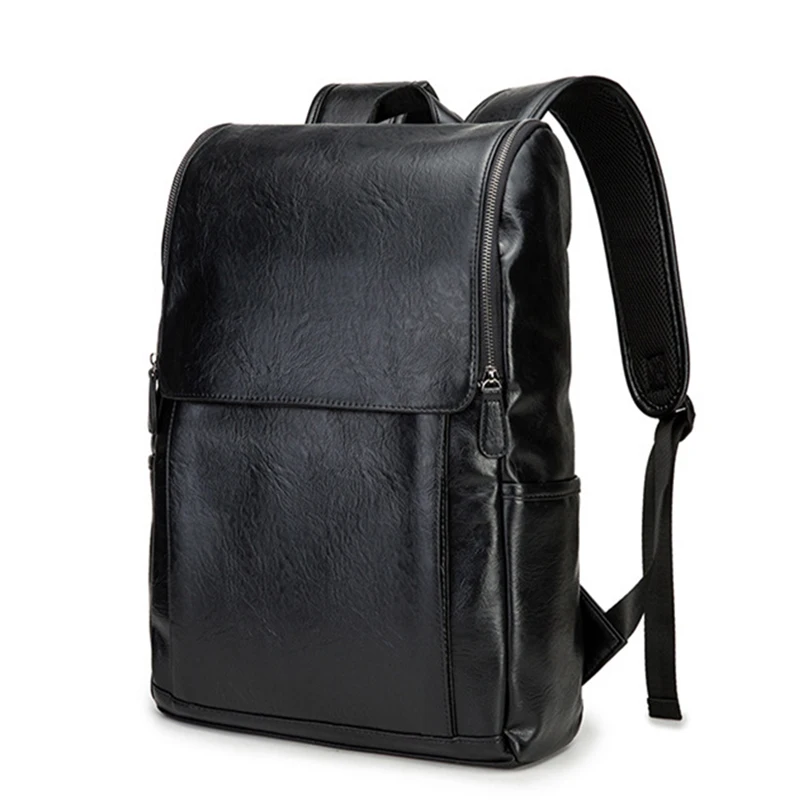 

Large Capacity Leather Men's Backpack Schoolbag Solid Soft PU Leather Rucksack Shoulder bags Classic Black Laptop Backpacks 2023