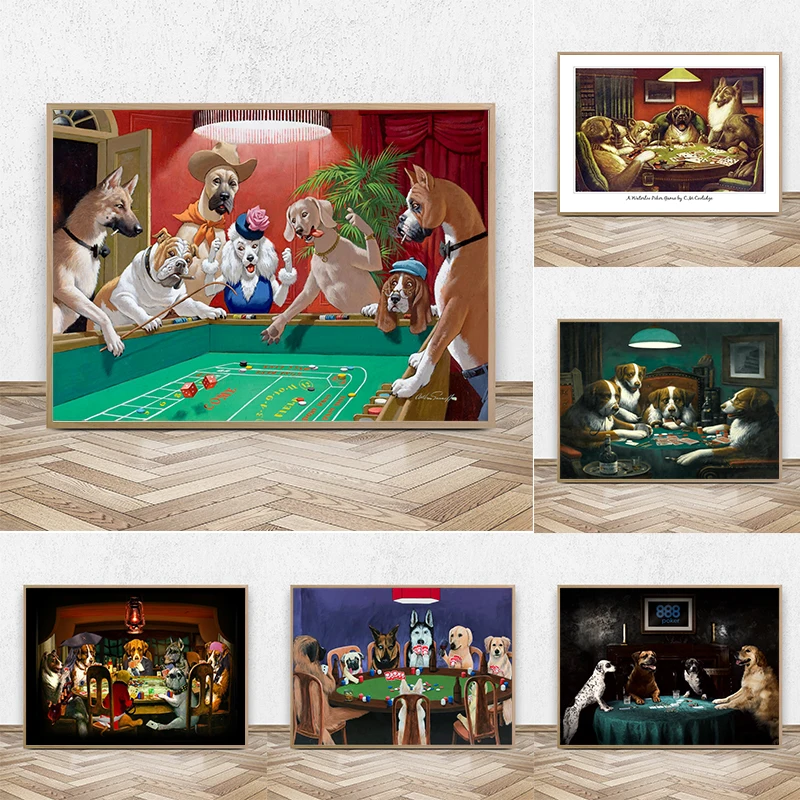 Dogs Playing Poker Funny Poster and Prints Wall Picture Cool Pet Dog Pug in Casino Art Canvas Painting Living Room Home Decor