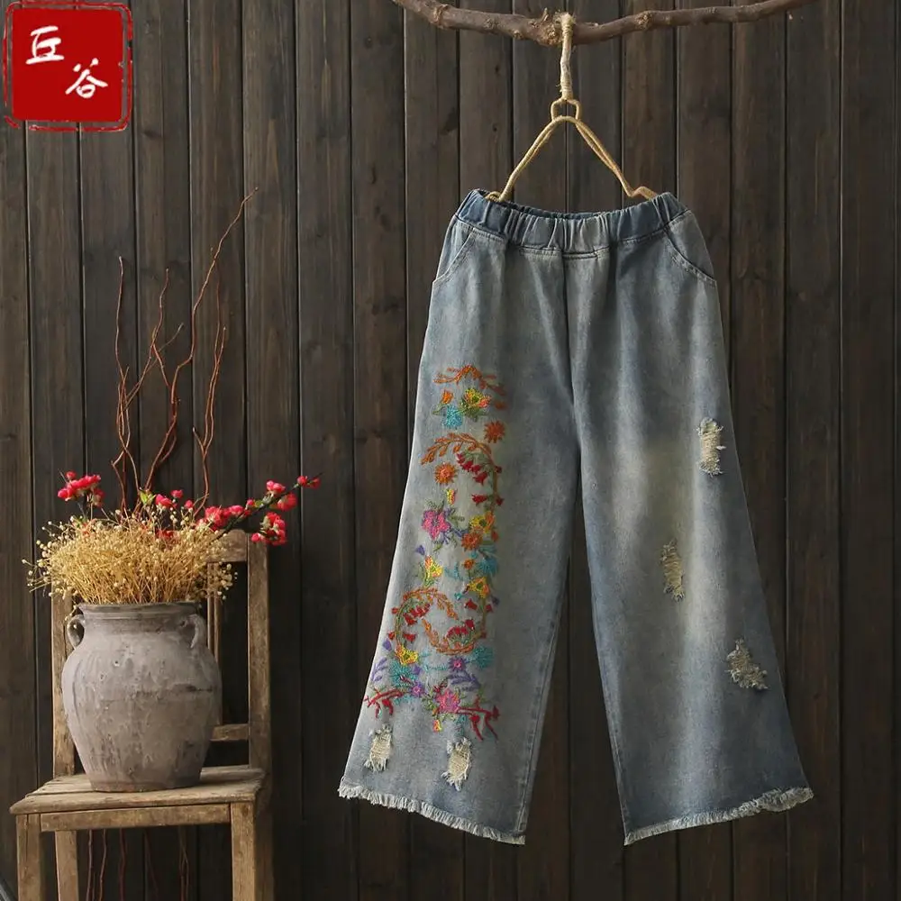 

Free Shipping 2021 New Fashion 3/4 Pants For Women Denim Jeans Trousers Elastic Waist Wide Leg Pants Embroidery Vintage Pants