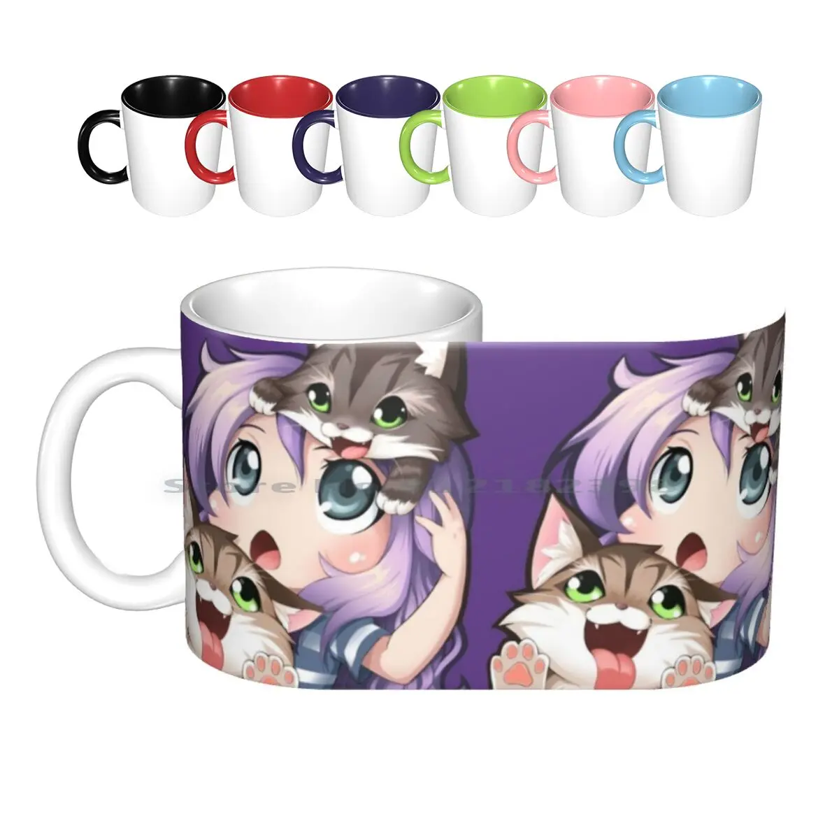 Cat Lady Ceramic Mugs Coffee Cups Milk Tea Mug Girls Happy Cute Sweet Anime Comic Manga Purple Lavender Rose Silver Hair Heart