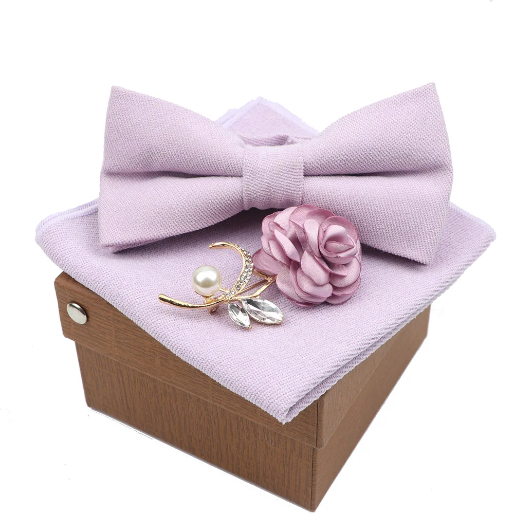 Solid Color Super Soft Suede Men Cotton Bow Tie Handkerchief Brooch Set Bowtie Bowknot Pink Blue Butterfly Wedding Novelty Gift