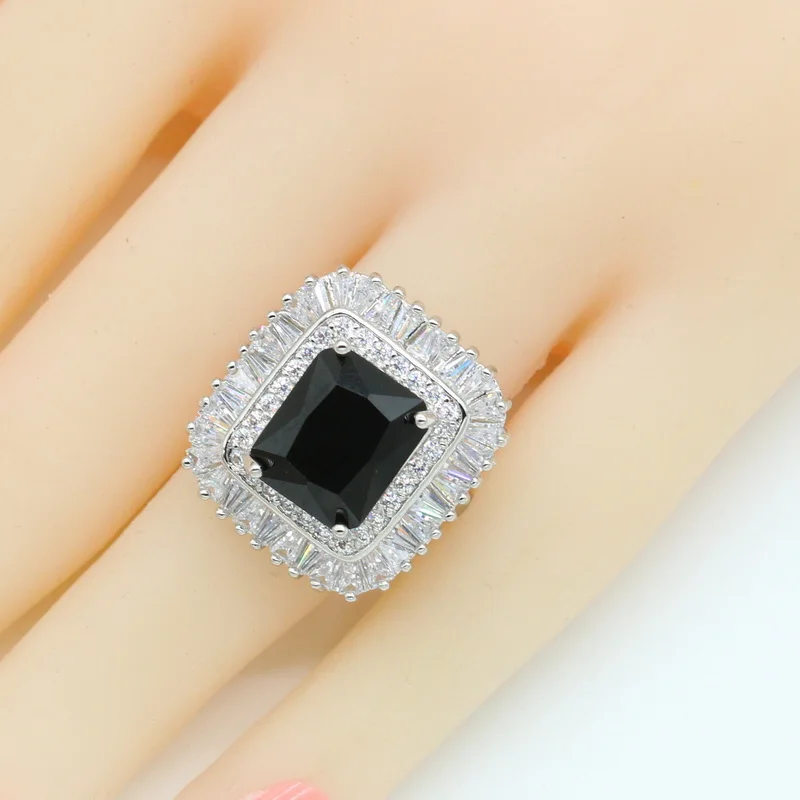 Black Stones Silver Color Bridal Jewelry Sets For Women Necklace Pendant Earrings Rings Gift Box