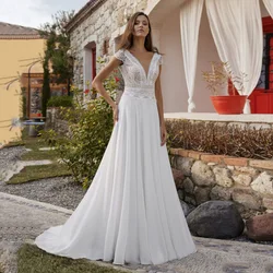 2022 Bohemian Wedding Dress Sexy Cap Sleeve V Neck Lace A Line Bridal Gowns Custom Backless Vestido De Noiva