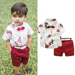 1-7Y Summer Toddler Baby Boys Gentleman Clothes Sets 2PCS Short Sleeve Single Breasted Bow Print Shirts+Red Shorts