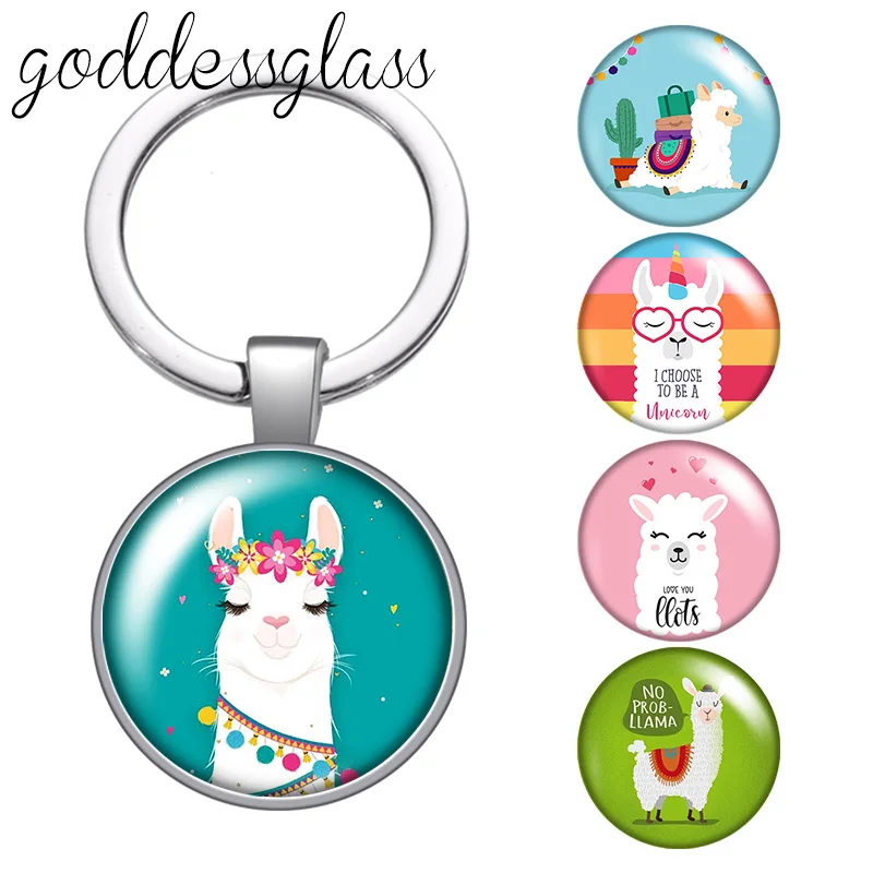 Lovely Alpaca NO DRAMA LLAMA Fashion Cute glass cabochon keychain Bag Car key chain Ring Holder Charms keychains for Gifts