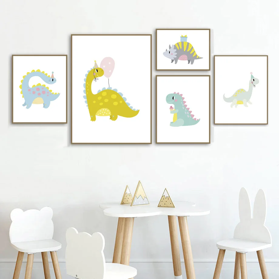 Nette Dinosaurier Alles Gute Zum Geburtstag Party Wand Kunst Leinwand Malerei Kindergarten Nordic Poster Und Drucke Wand Bilder Baby Kinder Zimmer Dekor