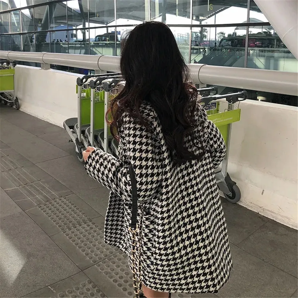 Vintage Plaid Print Woolen Jacket Women Korean Harajuku High Waist A-line Hip Skirts Streetwear Coat Two-Piece Sets Suits Female