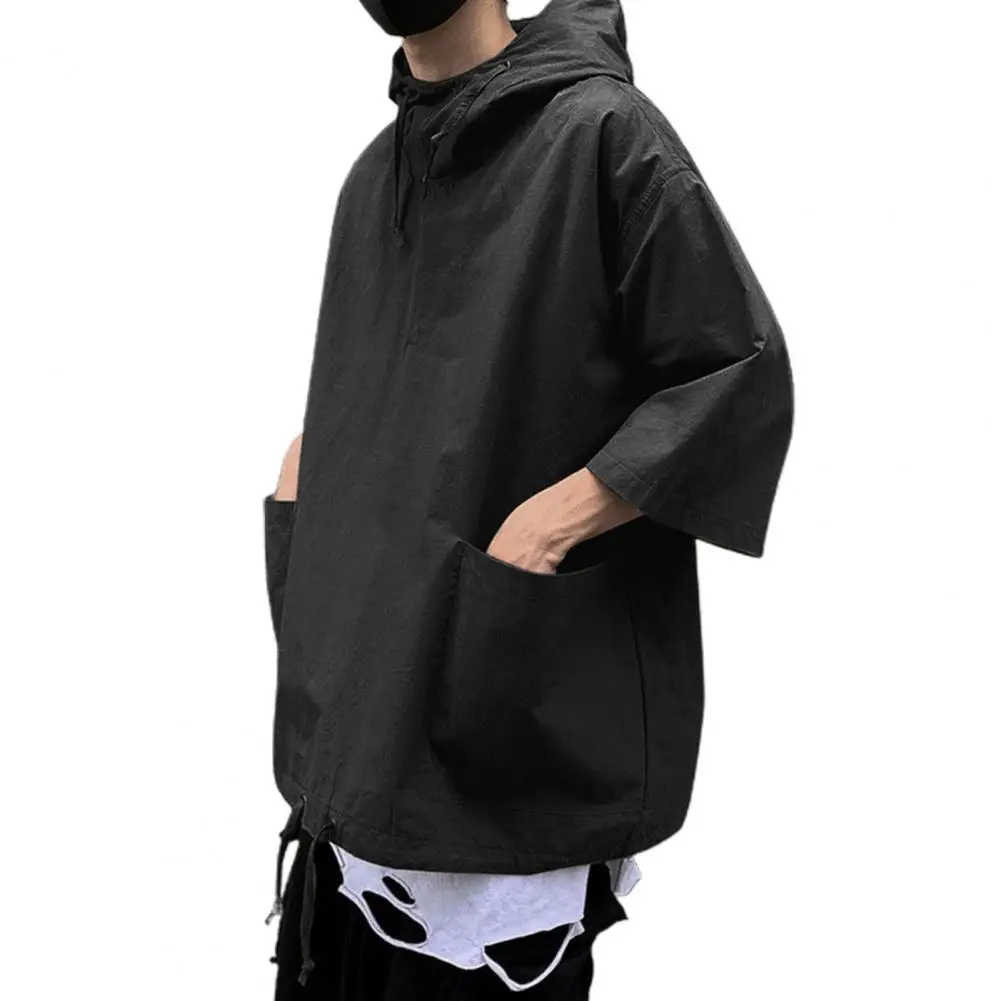 Hooded T shirt Men Summer Korean Half Sleeve Pullover Top Soft Large Pockets Loose Men T-shirt Streetwear