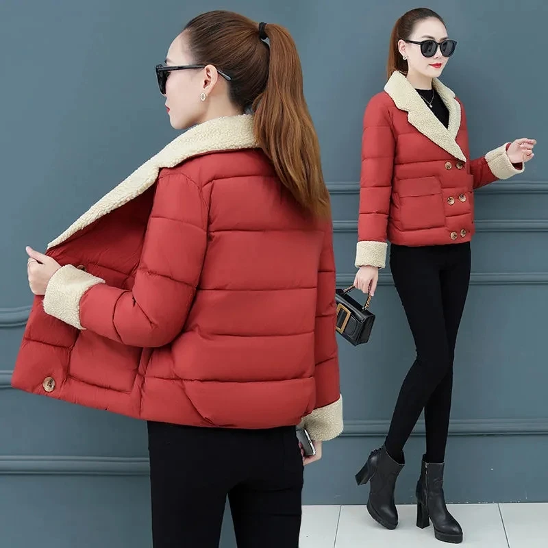 Autumn Winter Warm Short Jacket Lamb Wool Patchwork Cotton-Padded Parkas V-Neck Double Breasted Women Elegant Classic Coat