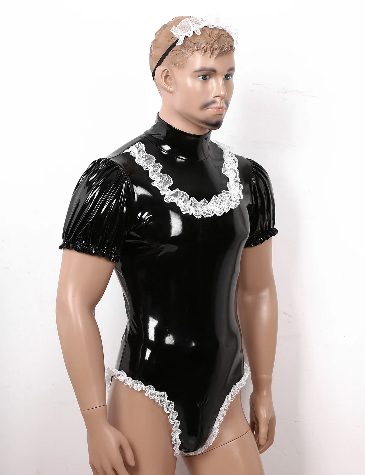 Body de Cosplay de Sissy Maid para hombre, conjunto de medias con diadema de encaje, lencería Sexy de cuero de látex, ropa de noche para discoteca