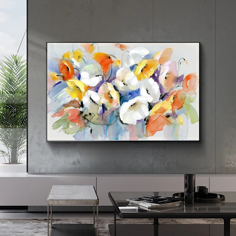 الحديثة الزهور المائية جدار اللوحة رسمت باليد زهور الخشخاش طباعة على قماش جدار صورة لغرفة المعيشة ديكور المنزل هدية