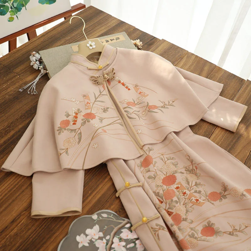 Chinese Style Elegant Slim Qipao Dress +shawl Two-piece Women Autumn Traditional Orientale Cheongsams Lady Vintage Vestido Chino