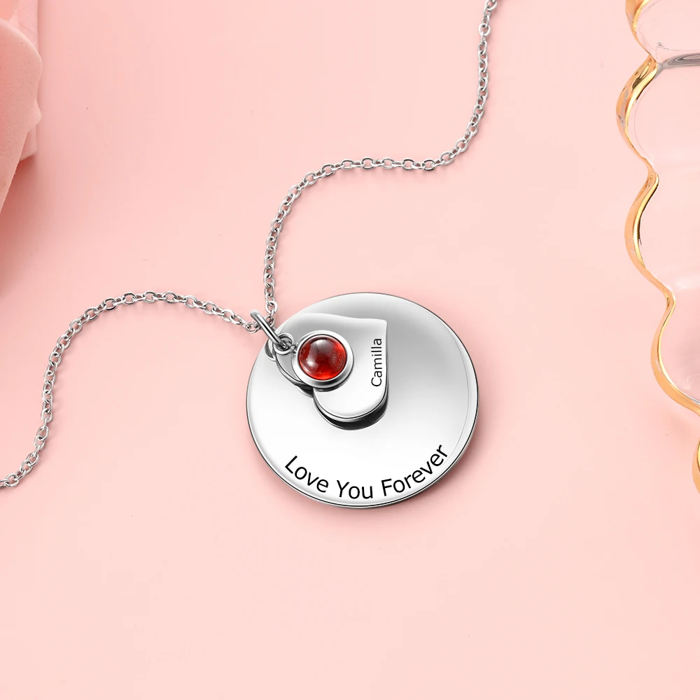 Personalized Engraved Round Disc Pendant Necklace Custom Birthstone Heart Necklaces for Women DIY Birthday Gift (NE103781)