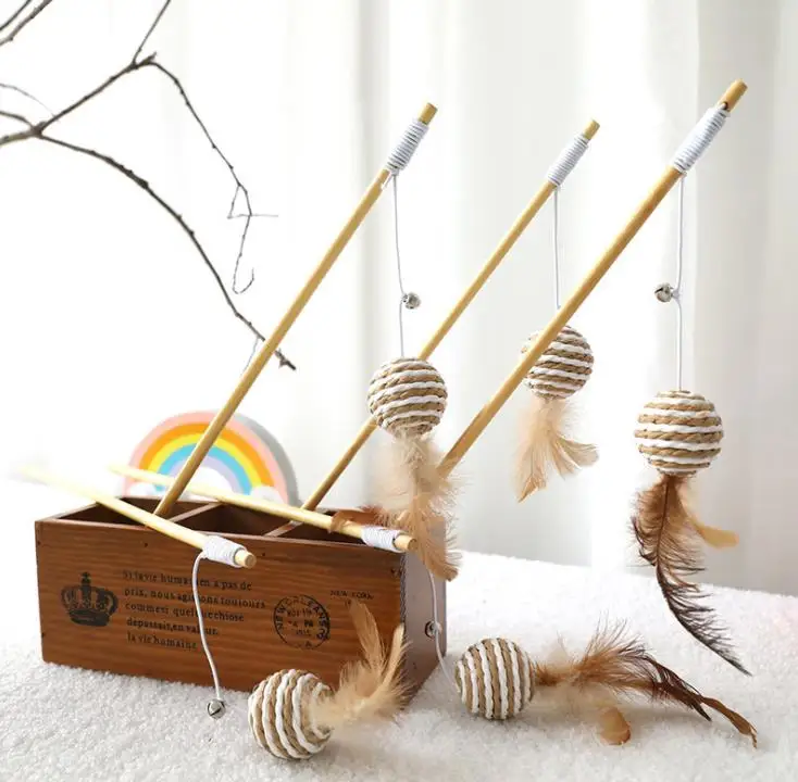 cat toy natural wooden stick home pet maid fishing pole play item rod eco-friendly mouse ball 500pcs wholesale SN823