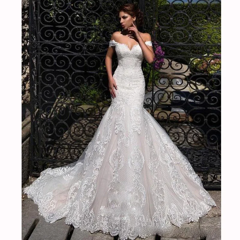 

Elegant Lace Appliques Mermaid Wedding Dresses Off Shoulder Lace Up Bridal Gowns Sweep Train Custom Made Vestido De Novia