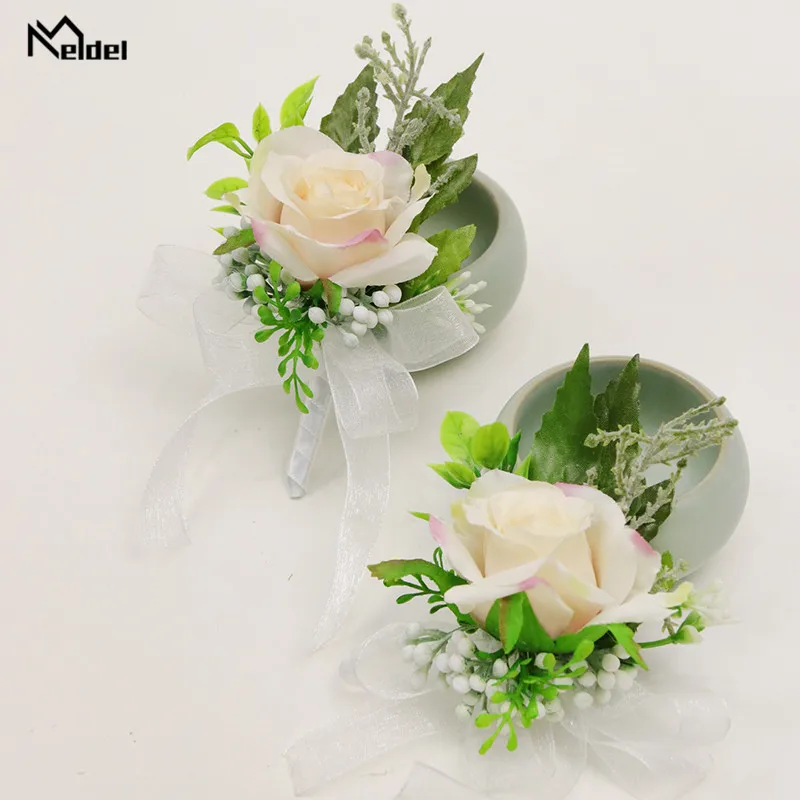 Meldel แต่งงาน Corsages และ Boutonnieres เจ้าบ่าว Boutonniere ผ้าไหมประดิษฐ์ Rose Wedding ข้อมือ Corsage เจ้าสาวสร้อยข้อมือดอกไม้