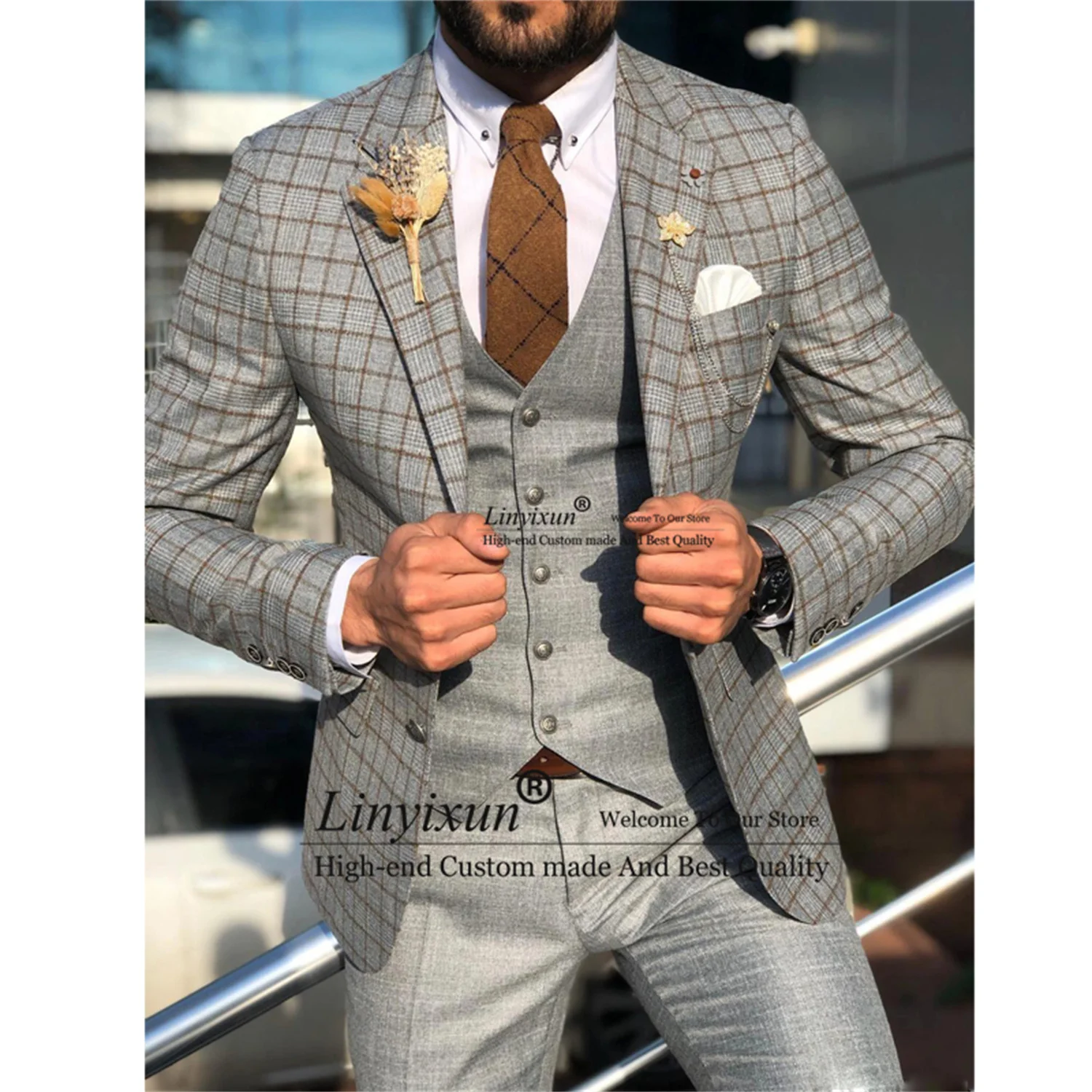 Fashion Plaid Tweed Mens Suits Slim Fit Notached Lapel Sliver Groom Wedding Tuxedo 3 Pieces Set Costume Homme Jacket Vest Pants