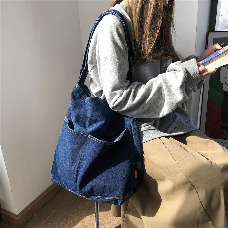 Lazy cowboy canvas bag women's shoulder bag Korean retro university leisure shopping bag large capacity purses and handbags