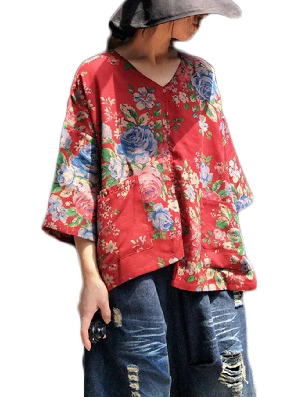 Lzjn Vrouwen Losse Top Shirt Bloemen Gedrukt V-hals 3/4 Mouwen Onregelmatige Hem Flowy Tuniek Blouse Tops