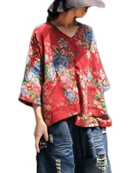 LZJN damska luźny Top koszula Floral wydrukowano V Neck 3/4 rękaw nieregularne brzegi Flowy bluzka tunika topy