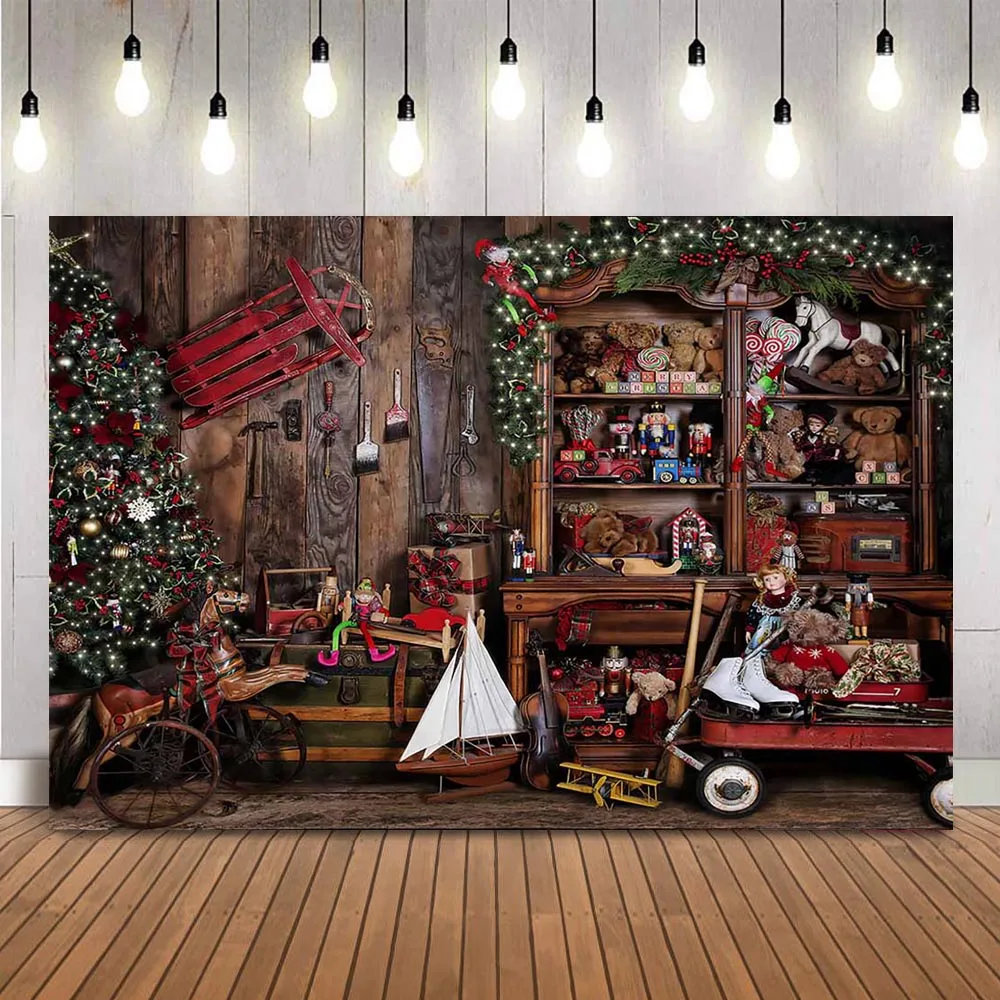 

Christmas Rustic Wood Floor Photography Backdrop work room Christmas tree sled background for photo studio Trojan Horse