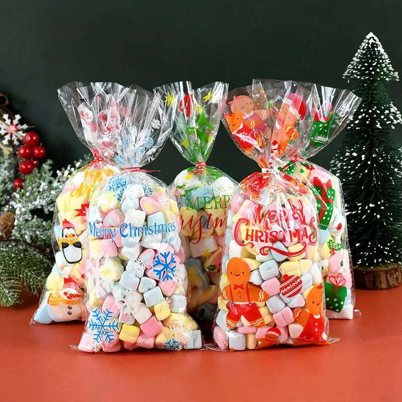 50Pcs Christmas Gift Bag Transparent Plastic Bags For Xmas Home Presents Candies Cookies Store Sale Gift Cookies Wrapping Bags