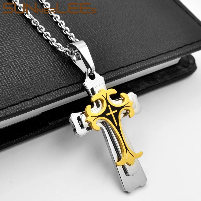 SUNNERLEES 316L Stainless Steel Jesus Christ Cross Pendant Necklace Rolo Link Chain Men Women Gift SP208