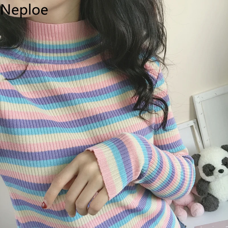 Neploe Rainbow Striped Sweater Y2K Cropped Tops Turtleneck Long Sleeve Pullover Women Sweaters Korean Patchwork Clothes Pull