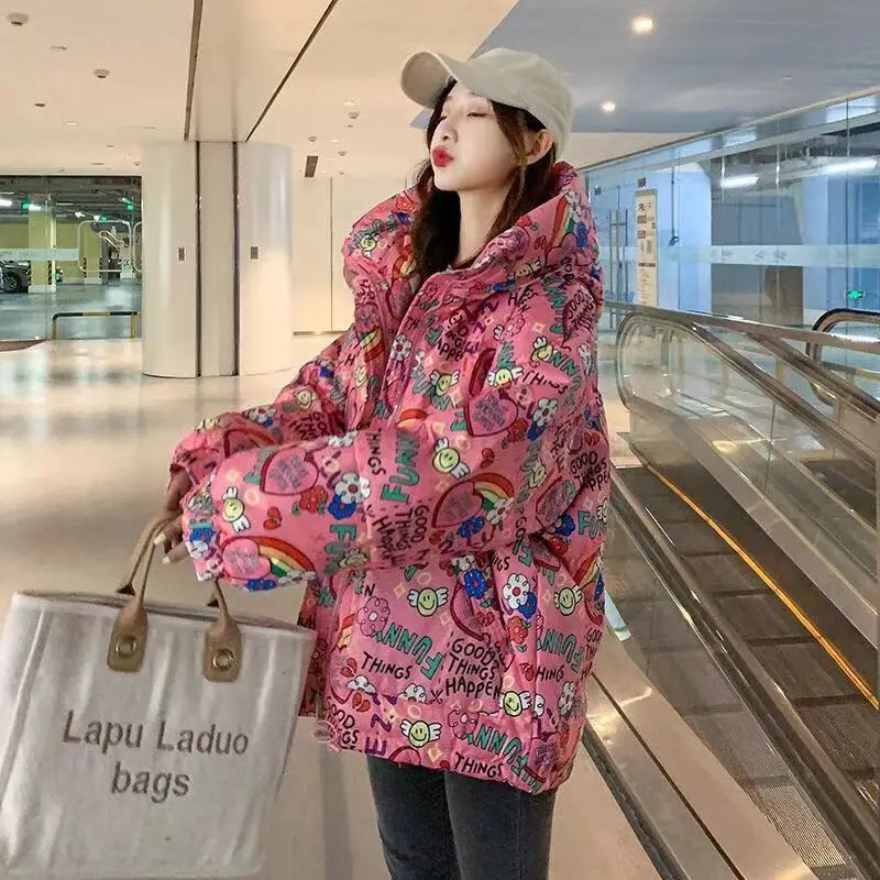 High Quality Winter Casual Women Coat Harajuku Print Cartoon Cute Panda Family Sweet White Zipper New Cotton Clothes Female