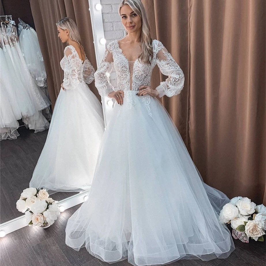 Elegante Brautkleider A-Linie V-Ausschnitt Langarm rücken freie Spitze Applikationen Tüll Sweep Zug Brautkleid Vestidos de Noiva