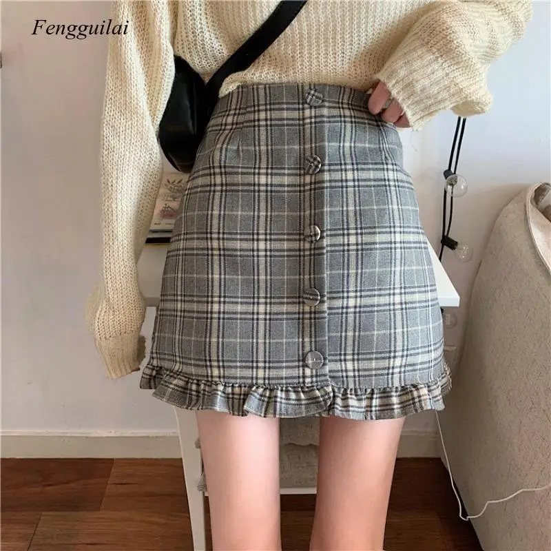 2021 Summer Women Korean Empire Plaid Casual Lady Above Knee High Waist Ruffles Skirts