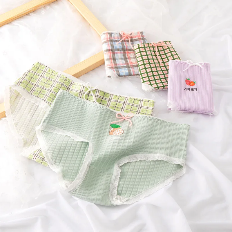 

5Pcs/lot 2021 New Women's Cotton Underwear Cute Print Girls Briefs Mid Waist Soft Sexy Lace Panties Fashion Bow Female Lingerie