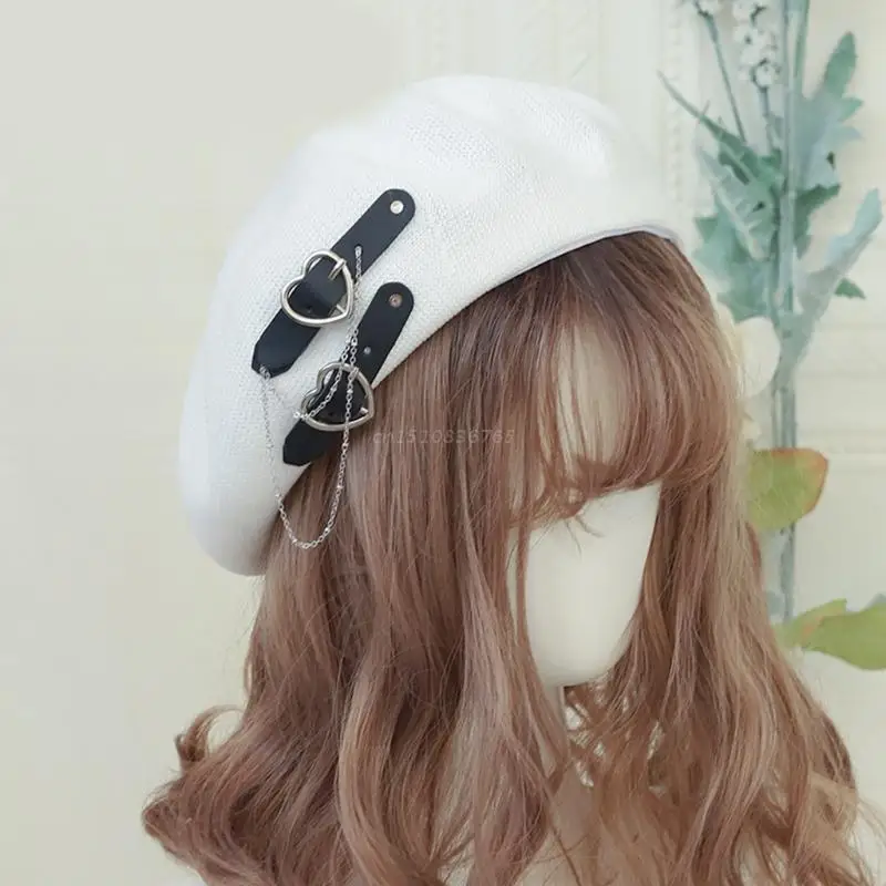 Sweet Cool Punk Beret Lolita Hat Cute Girls Japanese Heart Buckle Beanie Hat Kawaii Preppy Style Girl Beret