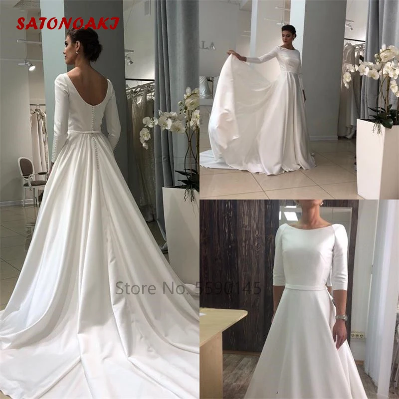 

Elegant Satin A-Line Wedding Dress With Long Sleeves Sweep Train Simple Bridal Gowns Vestido De Novia Robe Mariage Online Shop