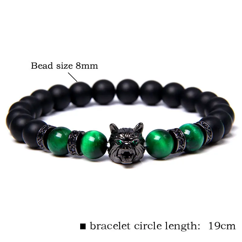 New Handmade 8mm Beaded Bracelet Men Natural Stone Blue Tiger Eye Beads Bracelet Black Wolf Head Charm Energy Bracelet Jewelry