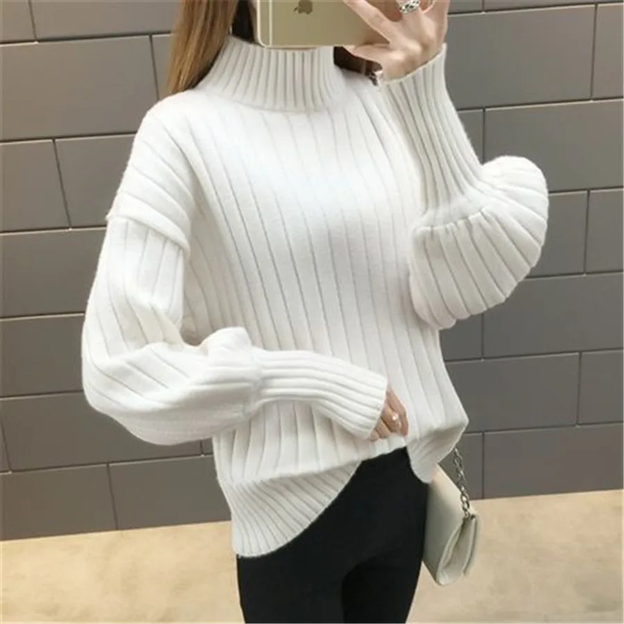 Suéteres de cuello alto para mujer, jerseys cortos de manga farol suave, suéter liso a la moda para Otoño e Invierno