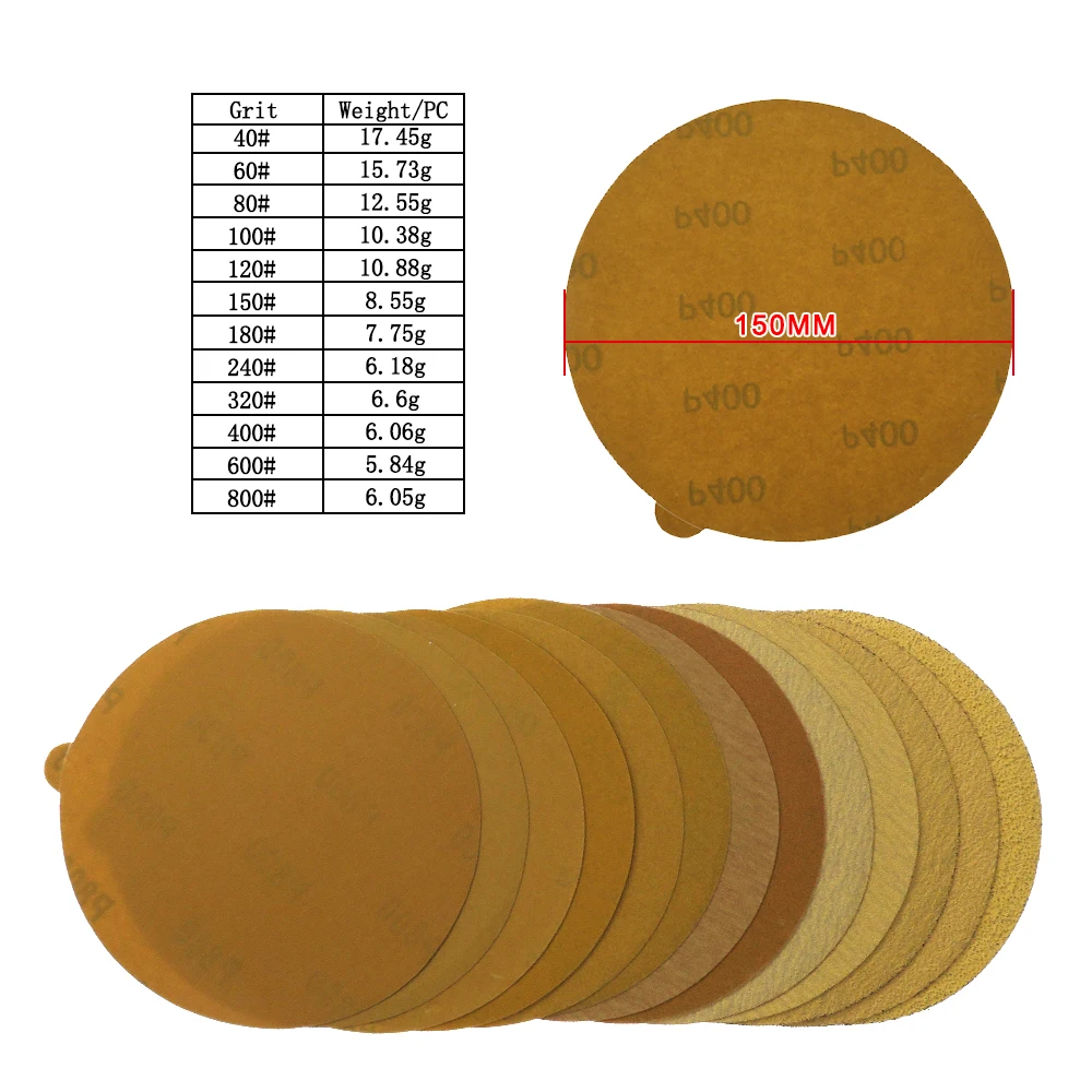 PSA/กาวกระดาษทรายทอง-6 นิ้ว 150 มม.แผ่นขัดอลูมิเนียมออกไซด์ 60 ถึง 1000 Grits 10/20/50 PCS สําหรับขัดและบด