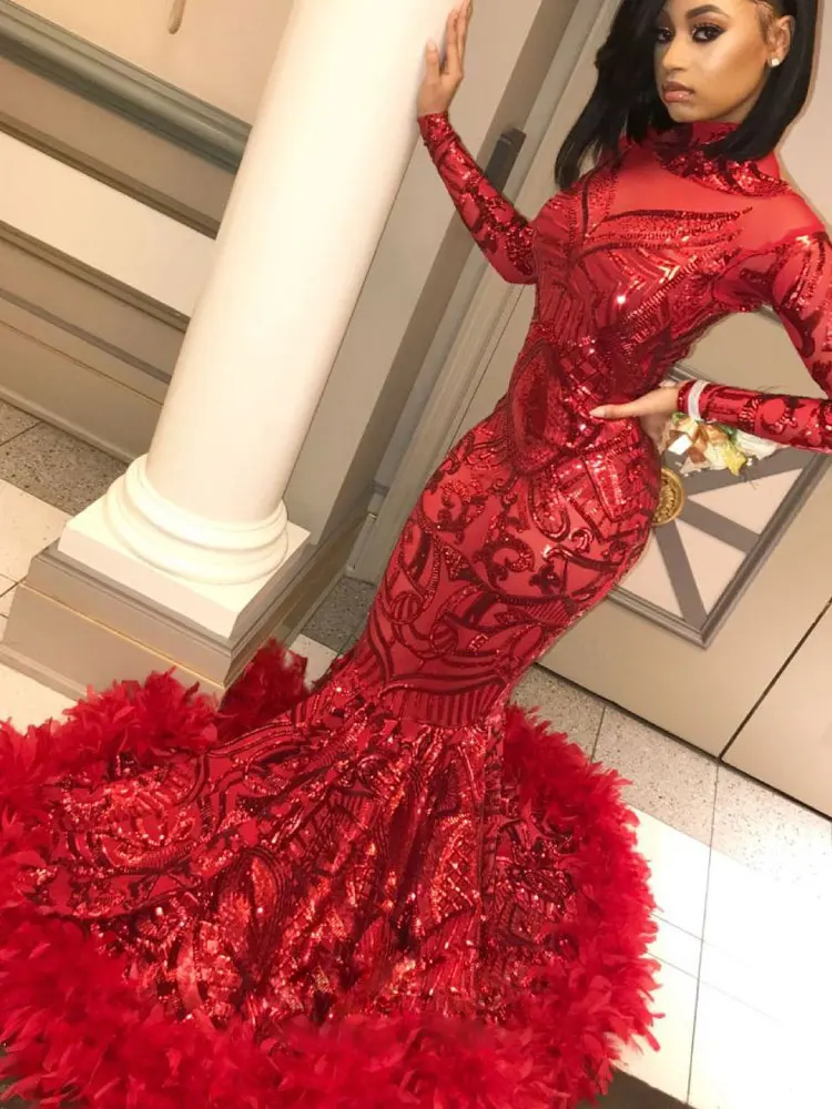 Elegante Rot Prom Kleider Frau Dance Ball Kleider Langarm Mermaid Feather Abend Formale Partei Kleidung