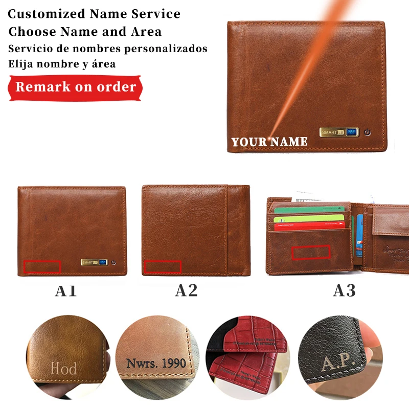 

GPS Record Smart Wallet For Men Business Name Engraving Genuine Leather Wallets Bluetooth Short Credit Card Holders Coin Purse