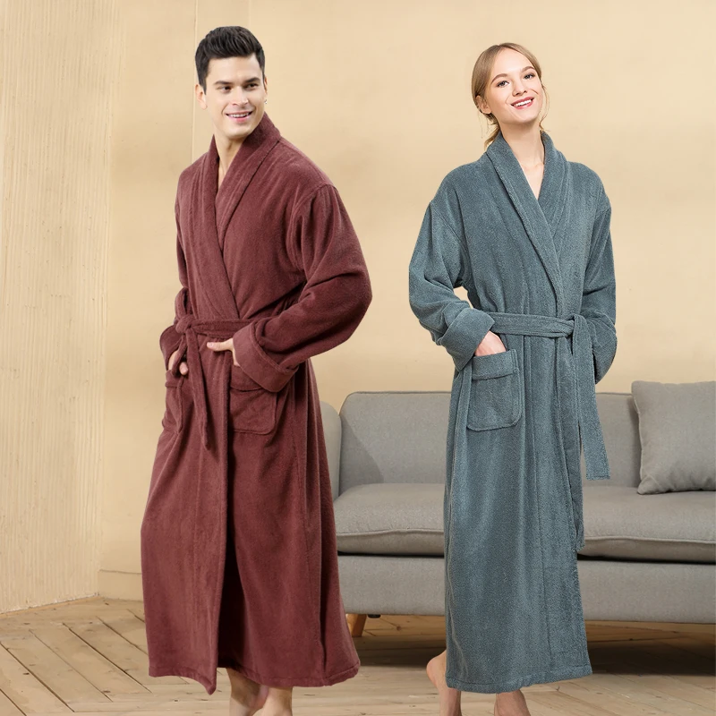 

Solid Lengthen Robe Toweling Terry Robe Cotton Bathrobe Soft Ventilation Sleeprobe Casual Keep Warm HomewearMen Women Winter