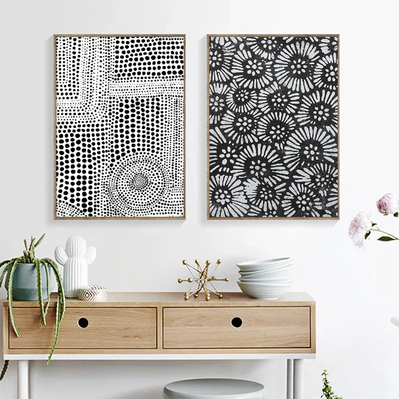 Abstract Canvas Painting Wall Art Pictures Black White Dot Sequence Poster and Prints Boho for Living Room Bedroom Home Decor