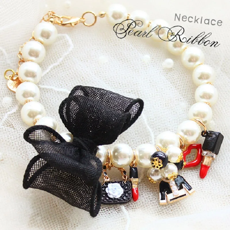 Handmade Adjustable Dog Accessories Pet Necklace Luxury Big Pearl Sexy Pendant Black Bow Jewelry Sparkly Gift Holiday Party