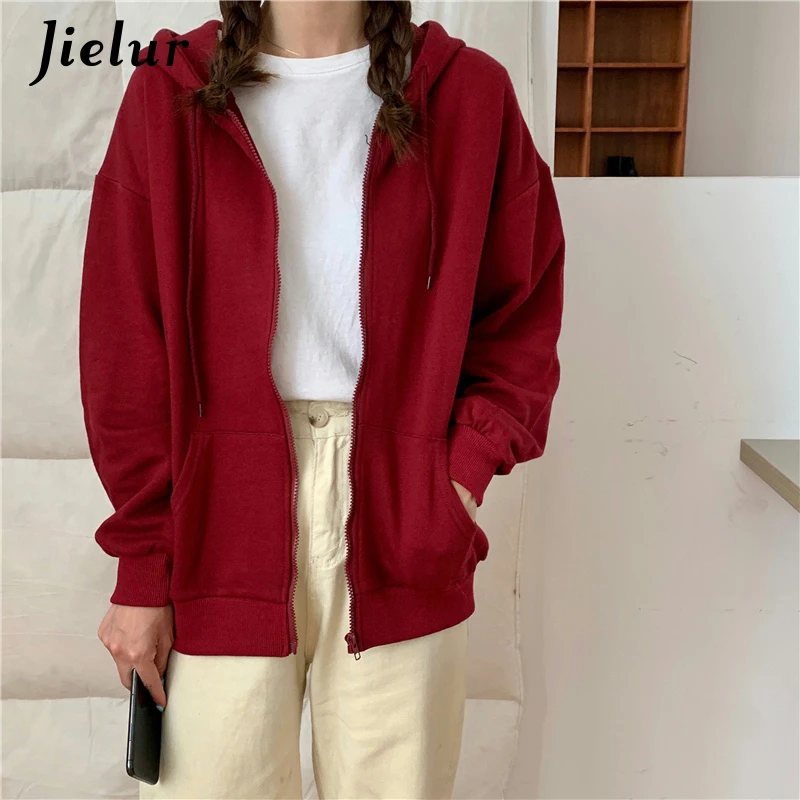 Jielur Pure Color Red Purple Zip-up Hoodies Women Fashion Casual Hooded Female Sweatshirt Autumn Thin Streetwear Girls M-XL